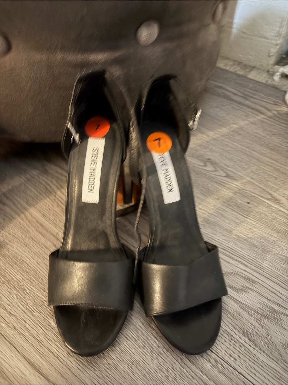 Steve Madden Black Leather Open-Toe Ankle-Strap Block Heels